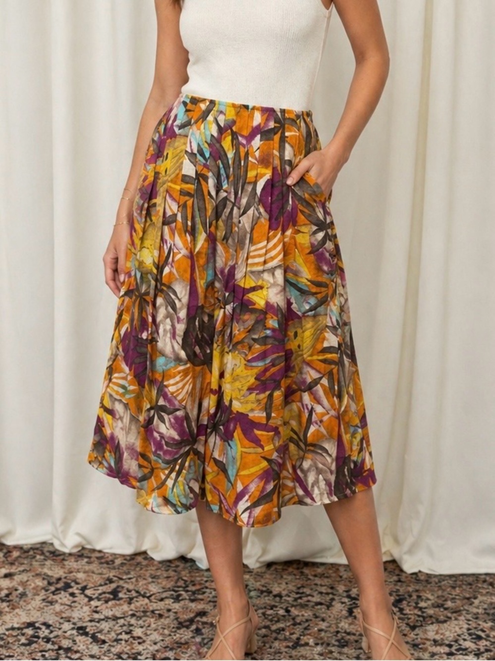 Lafayette 148 New York Pleated Linen A-Line Skirt in Orange Palm Floral Print 8